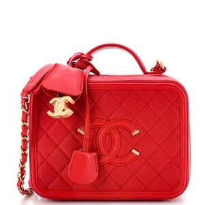 Like New! Authenticated CHANEL Small CC Filigree Vanity Case Red Caviar Leather
